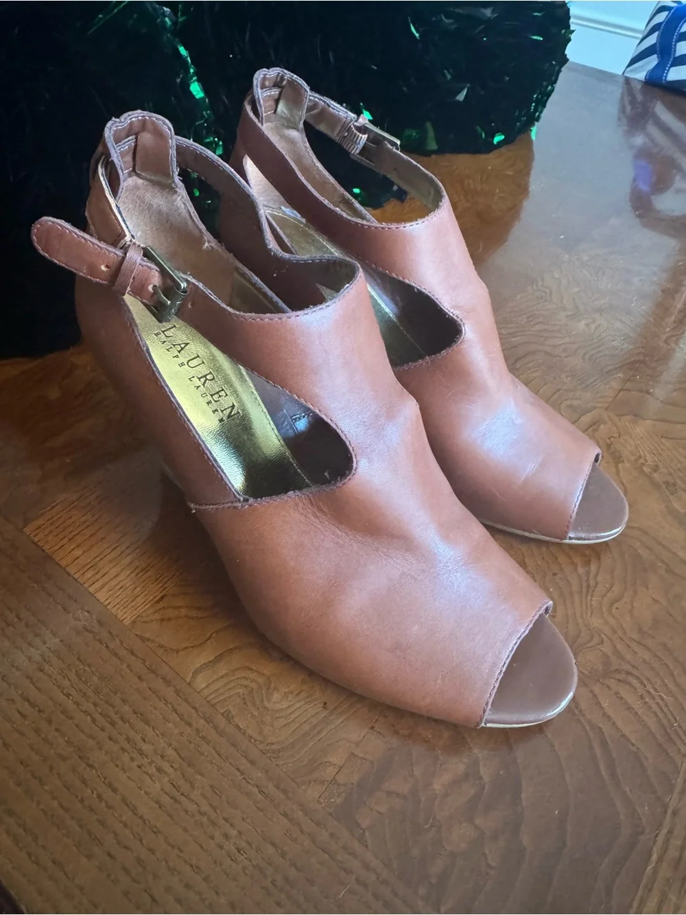 Ralph Lauren Cognac Cutout Wedge Peep Toe Sandals with Ankle Buckle